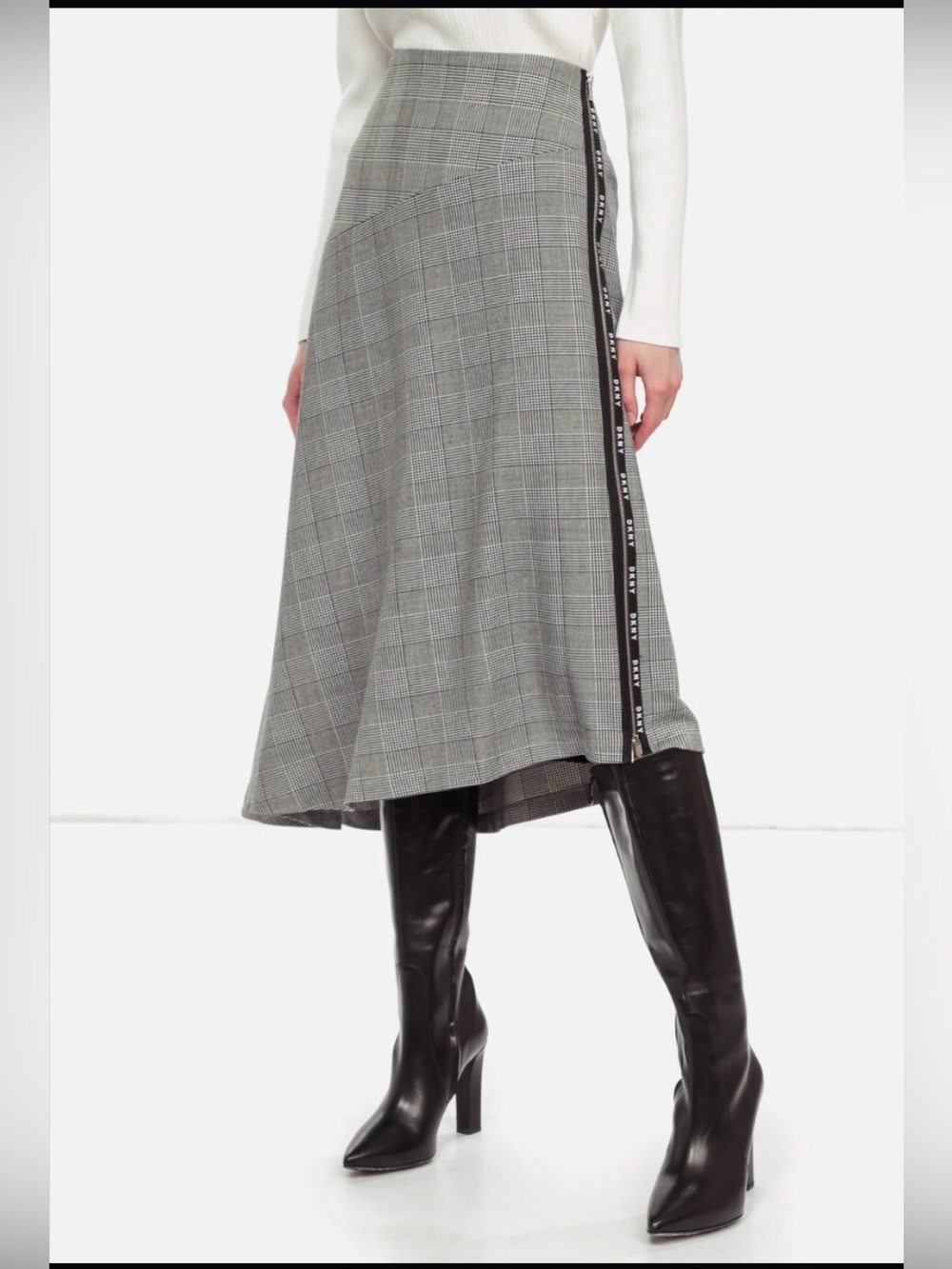 Dkny Gray Plaid Midi Skirt with Side Logo Trim